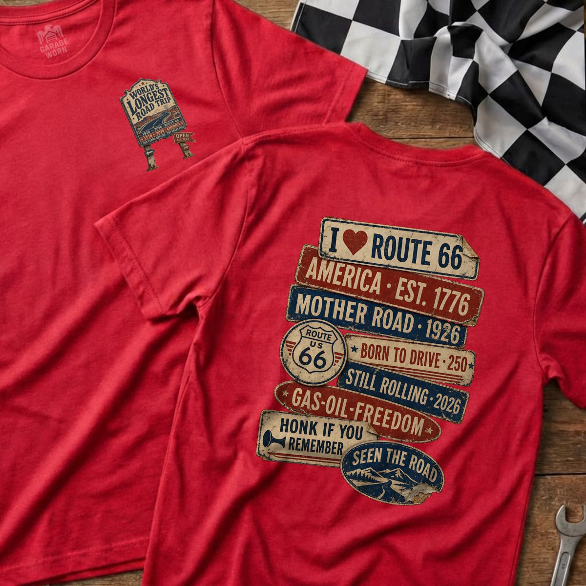 Red t-shirt with Route 66 graphics: "I ROUTE 66 AMERICA EST. 1776"
