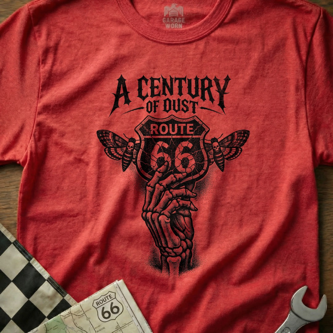 Red A Century Of Dust Route 66 Skeleton Hand Moth t-shirt