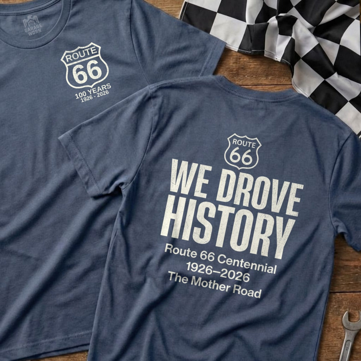 Two navy blue t-shirts with "Route 66" and "We Drove History" text.