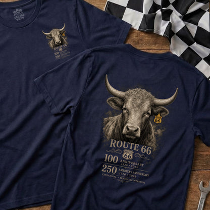 Dark blue t-shirt with illustrations of a bull head and Route 66 anniversary text.