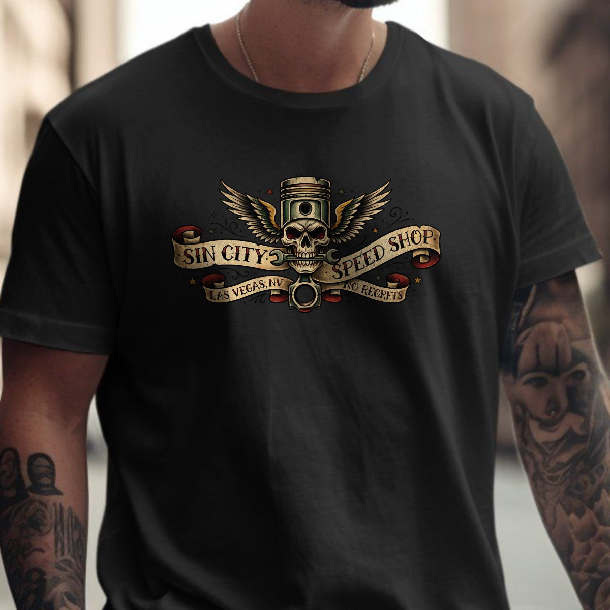 Sin City Speed Shop Las Vegas No Regrets T-shirt