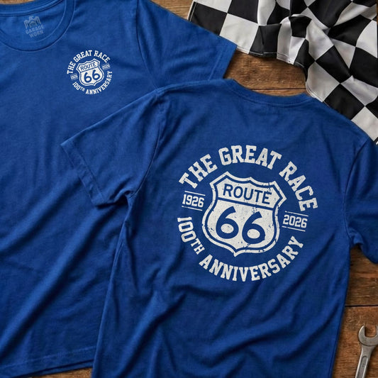Blue t-shirt with "The Great Race Route 66 100th Anniversary" logo.