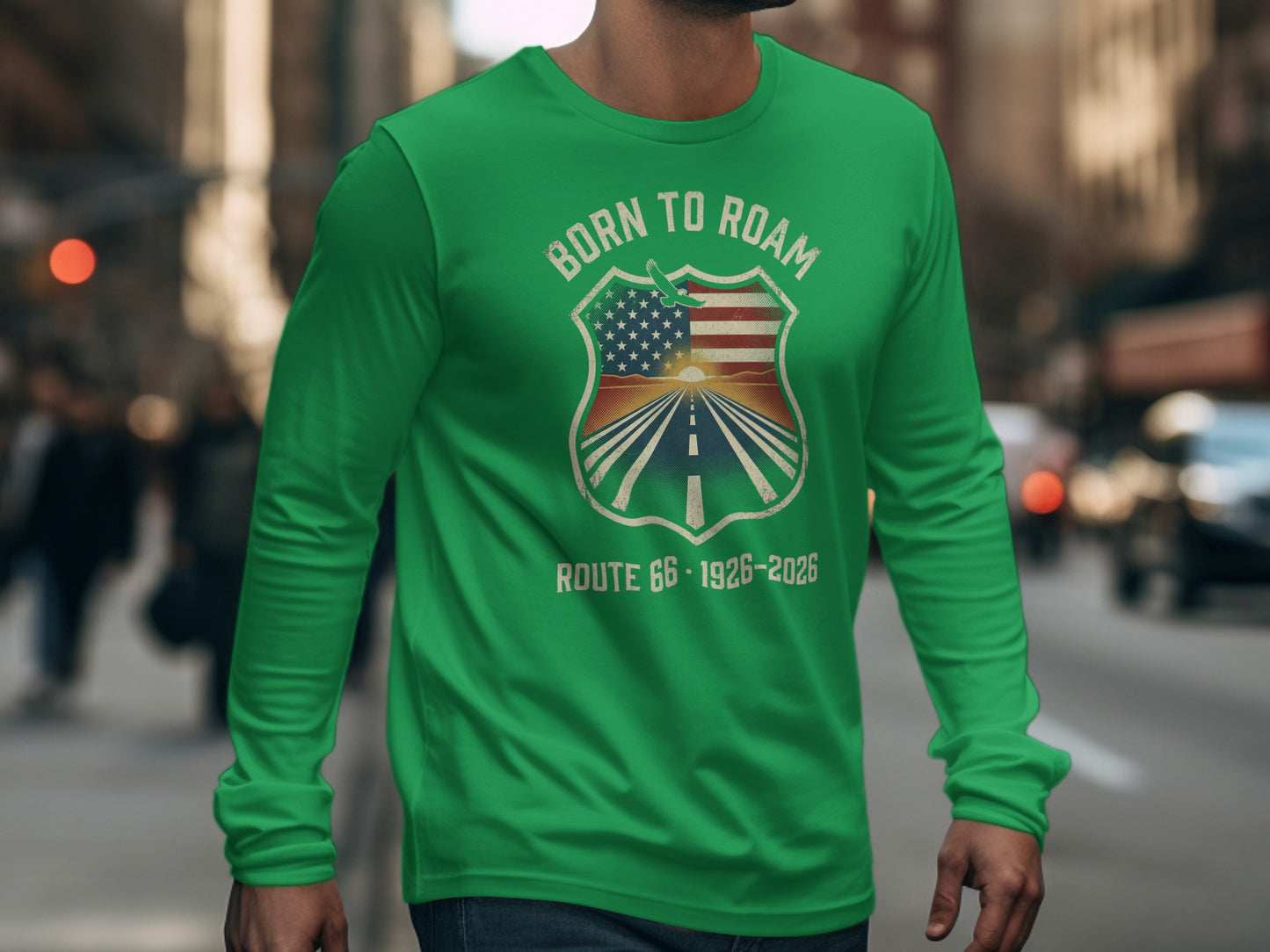 Green long-sleeve shirt with "Born to Roam Route 66" graphic.