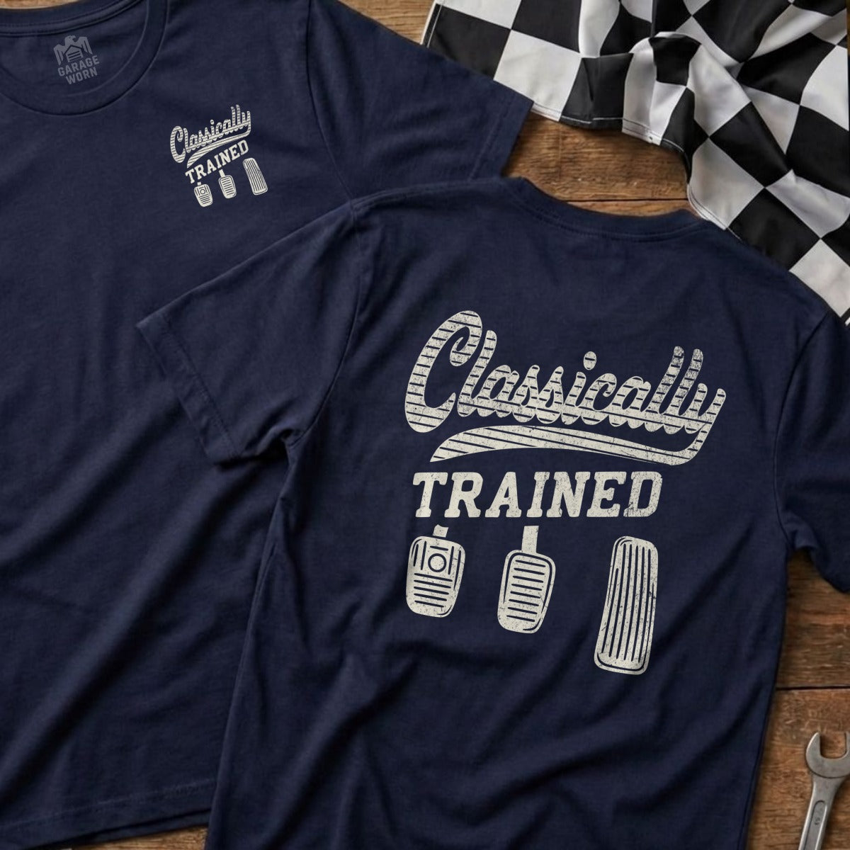 Navy t-shirt with "Classically TRAINED" and pedal graphic.