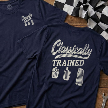 Navy t-shirt with "Classically TRAINED" and pedal graphic.