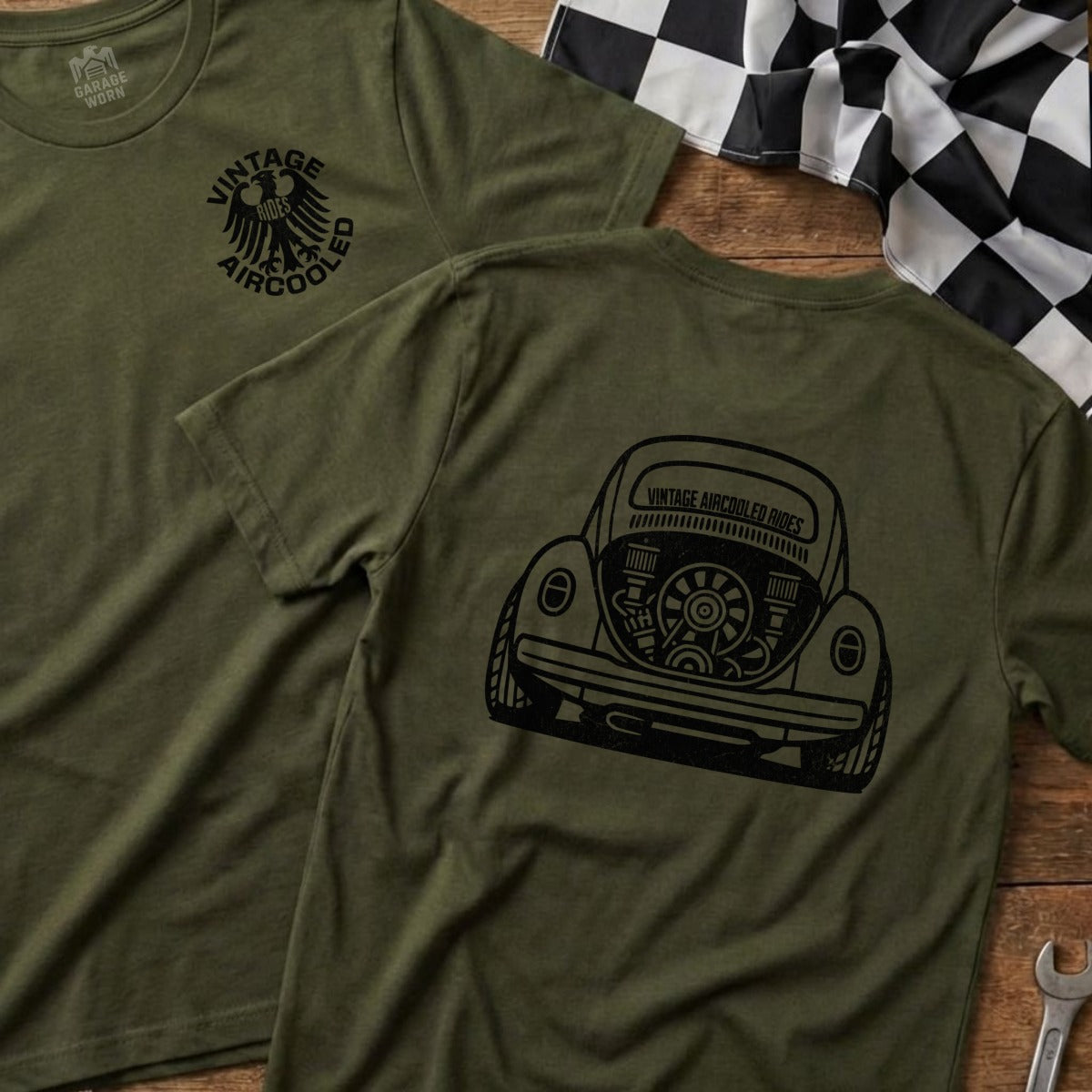 Olive t-shirts display "Vintage Aircooled" logo and a stylized Volkswagen Beetle rear view.