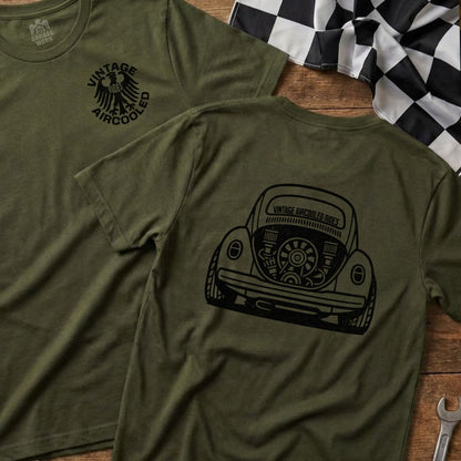 Olive t-shirts display "Vintage Aircooled" logo and a stylized Volkswagen Beetle rear view.