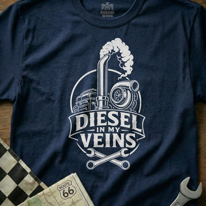 Navy t-shirt with "Diesel In My Veins" graphic, turbo engine, and crossed wrenches.