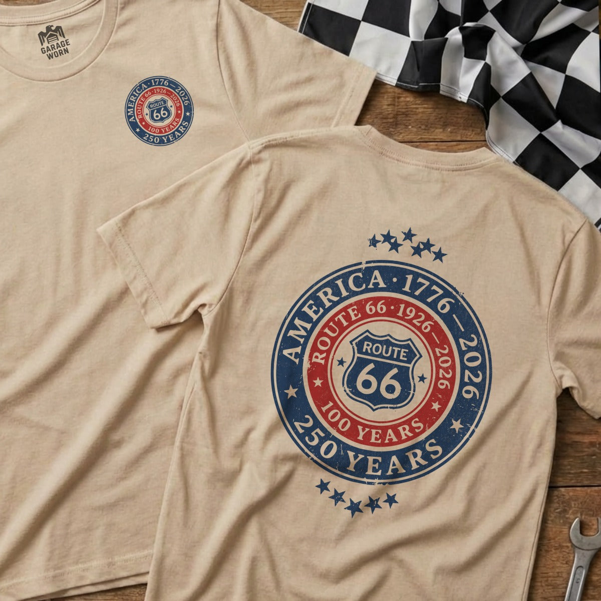 Tan t-shirts with Route 66 100 and 250 years anniversary graphics.