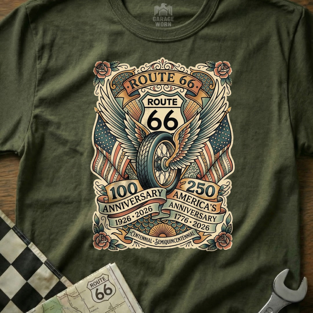 Route 66 winged wheel design with flags and anniversary text.