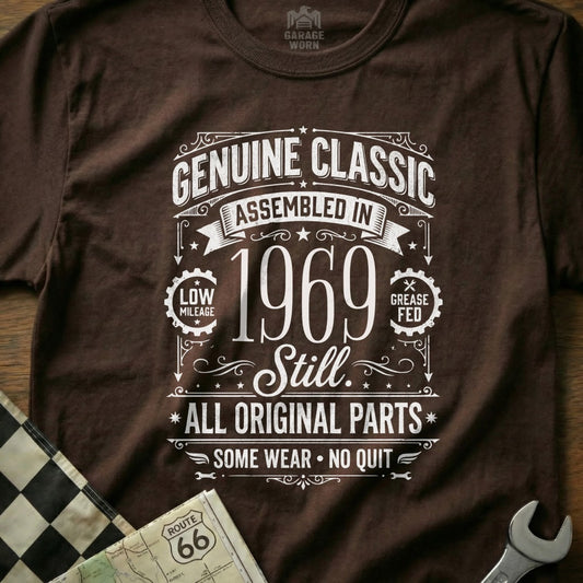 Brown t-shirt with "Genuine Classic Assembled in 1969" text and Route 66 graphic.