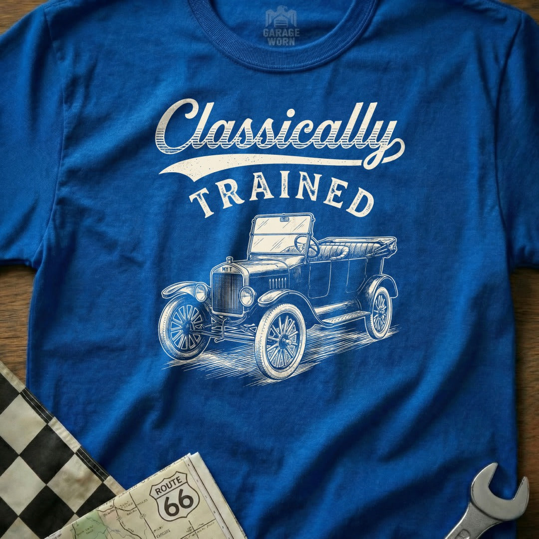 Blue t-shirt with a "Classically TRAINED" graphic featuring a vintage car.