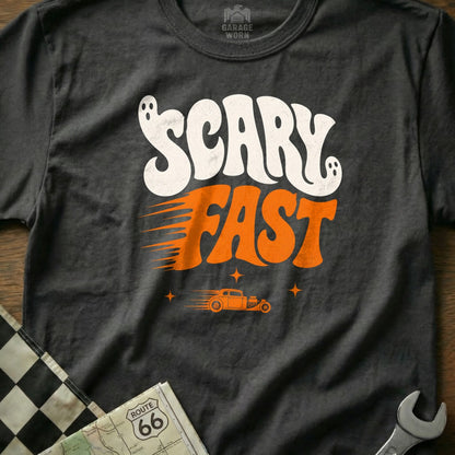 Gray t-shirt with "SCARY FAST" text, ghosts, and a hot rod graphic.