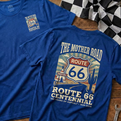 Blue t-shirts with Route 66 Centennial graphic featuring "The Mother Road" text.
