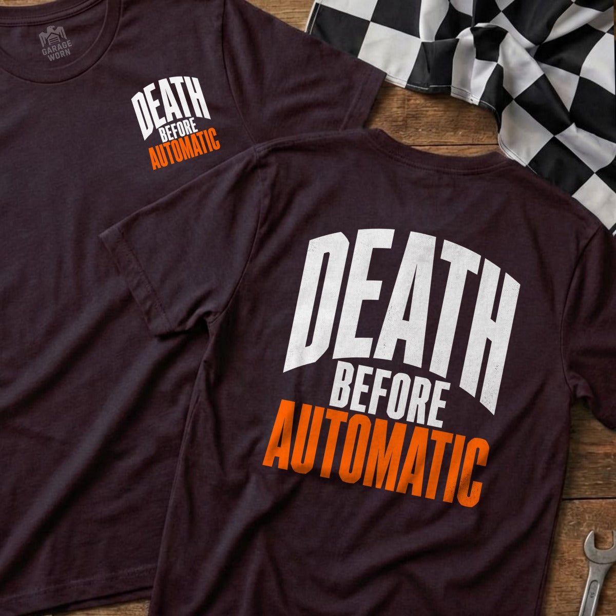 Dark t-shirts with "DEATH BEFORE AUTOMATIC" text and a racing flag.