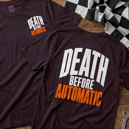 Dark t-shirts with "DEATH BEFORE AUTOMATIC" text and a racing flag.