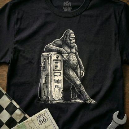 Gorilla leaning on a vintage BINGER and WILLIT gas pump, checker flag.