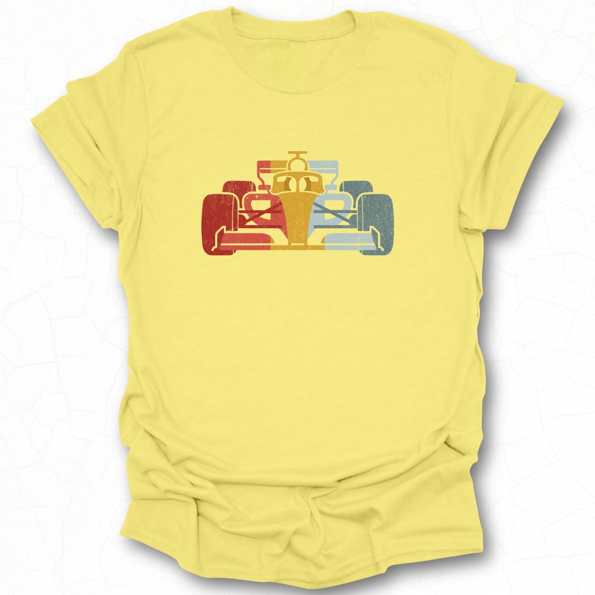 Vibrant Yellow T-Shirt with Race Car Graphic Design