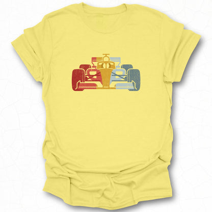 Vibrant Yellow T-Shirt with Race Car Graphic Design
