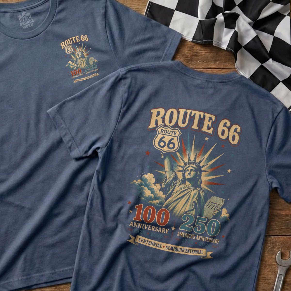 T-shirt with Route 66 logo, Statue of Liberty, and anniversary dates.