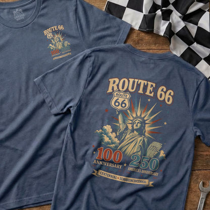T-shirt with Route 66 logo, Statue of Liberty, and anniversary dates.