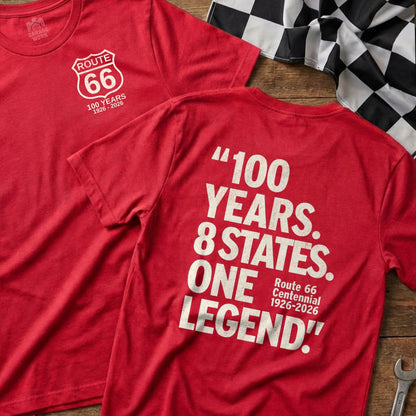 Red t-shirts celebrating Route 66 centennial with text and logos.