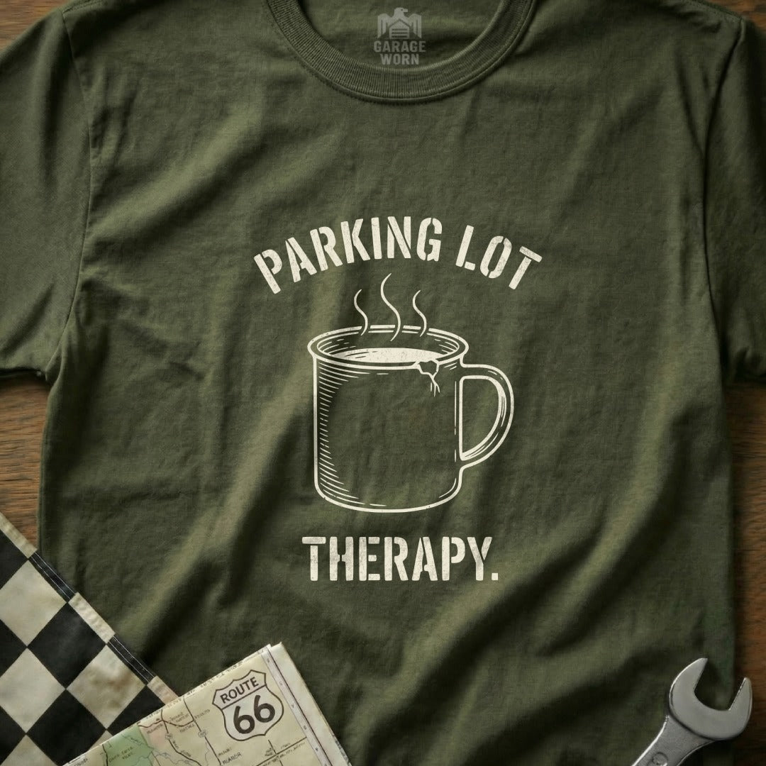 Green t-shirt with "Parking Lot Therapy" text and steaming coffee mug graphic.
