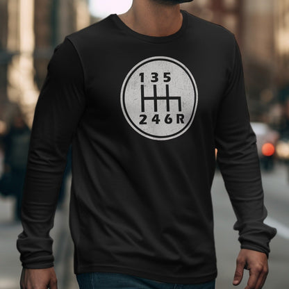 Black long-sleeve shirt with a white 6-speed manual gear shift pattern graphic.