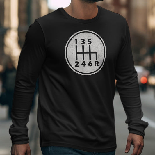 Black long-sleeve shirt with a white 6-speed manual gear shift pattern graphic.