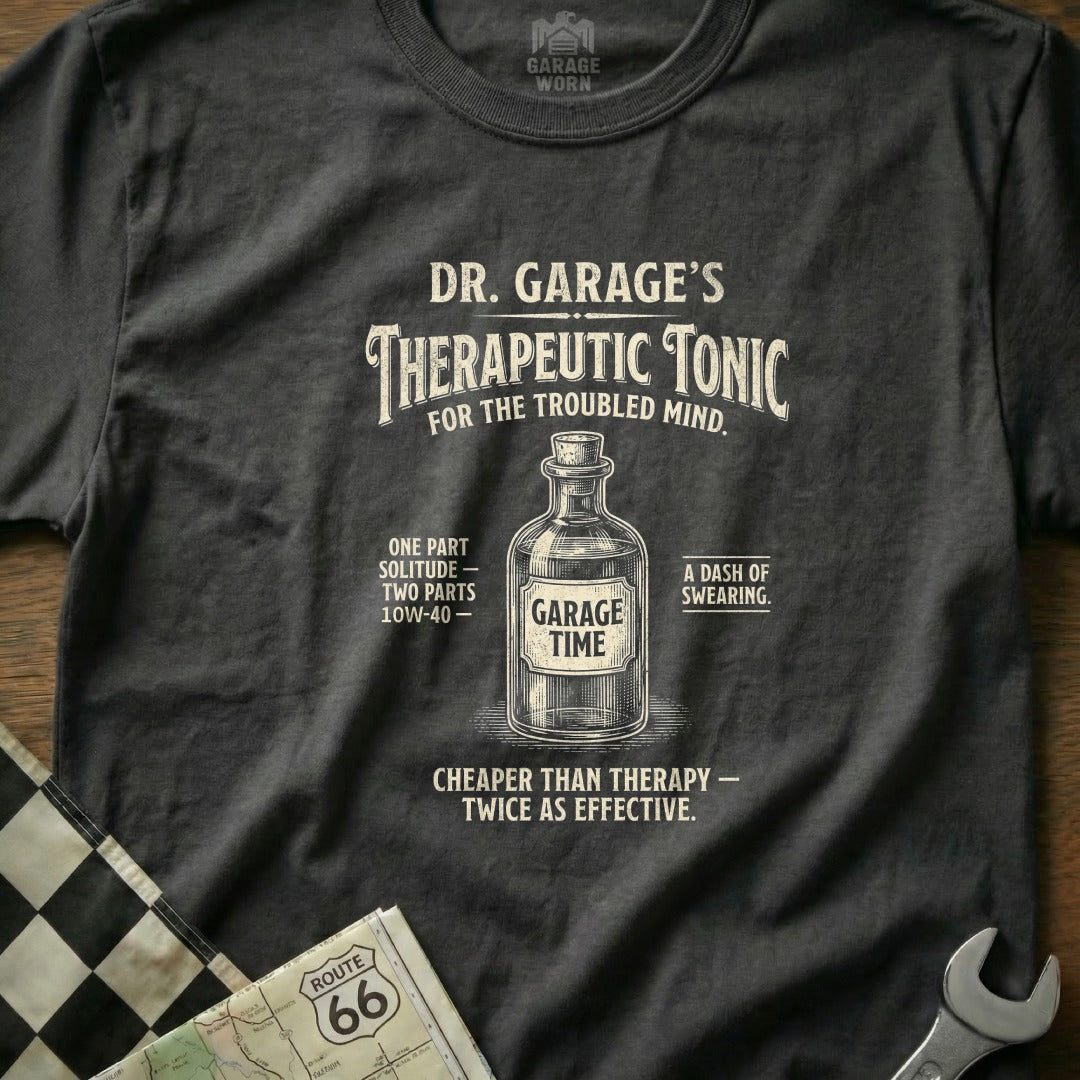 Garage Worn t-shirt with "Dr. Garage's Therapeutic Tonic" graphic and Route 66 map.