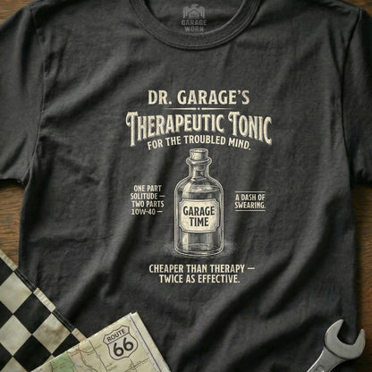 Garage Worn t-shirt with "Dr. Garage's Therapeutic Tonic" graphic and Route 66 map.