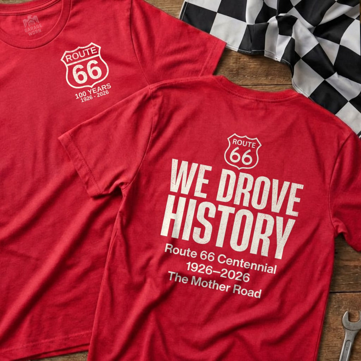 Red t-shirts with Route 66 logo and "We Drove History" text.