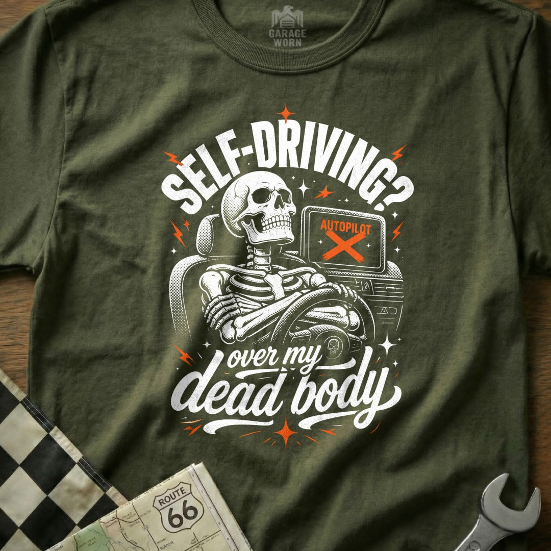 Skeleton driving car with "Self-Driving? Over My Dead Body" text and "AUTOPILOT" screen.
