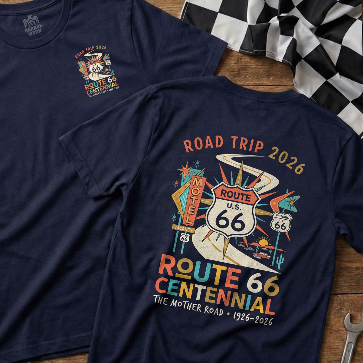 Navy t-shirts with Route 66 Centennial design, featuring road trip imagery.