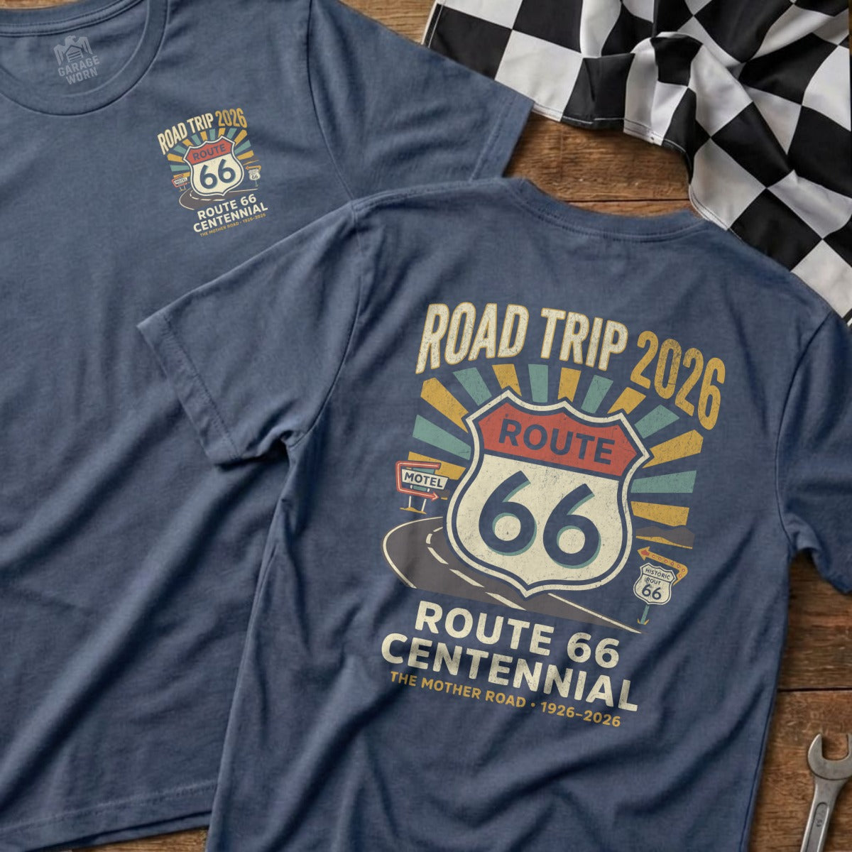 Blue t-shirt with Route 66 Centennial design, "Road Trip 2026" and "The Mother Road".