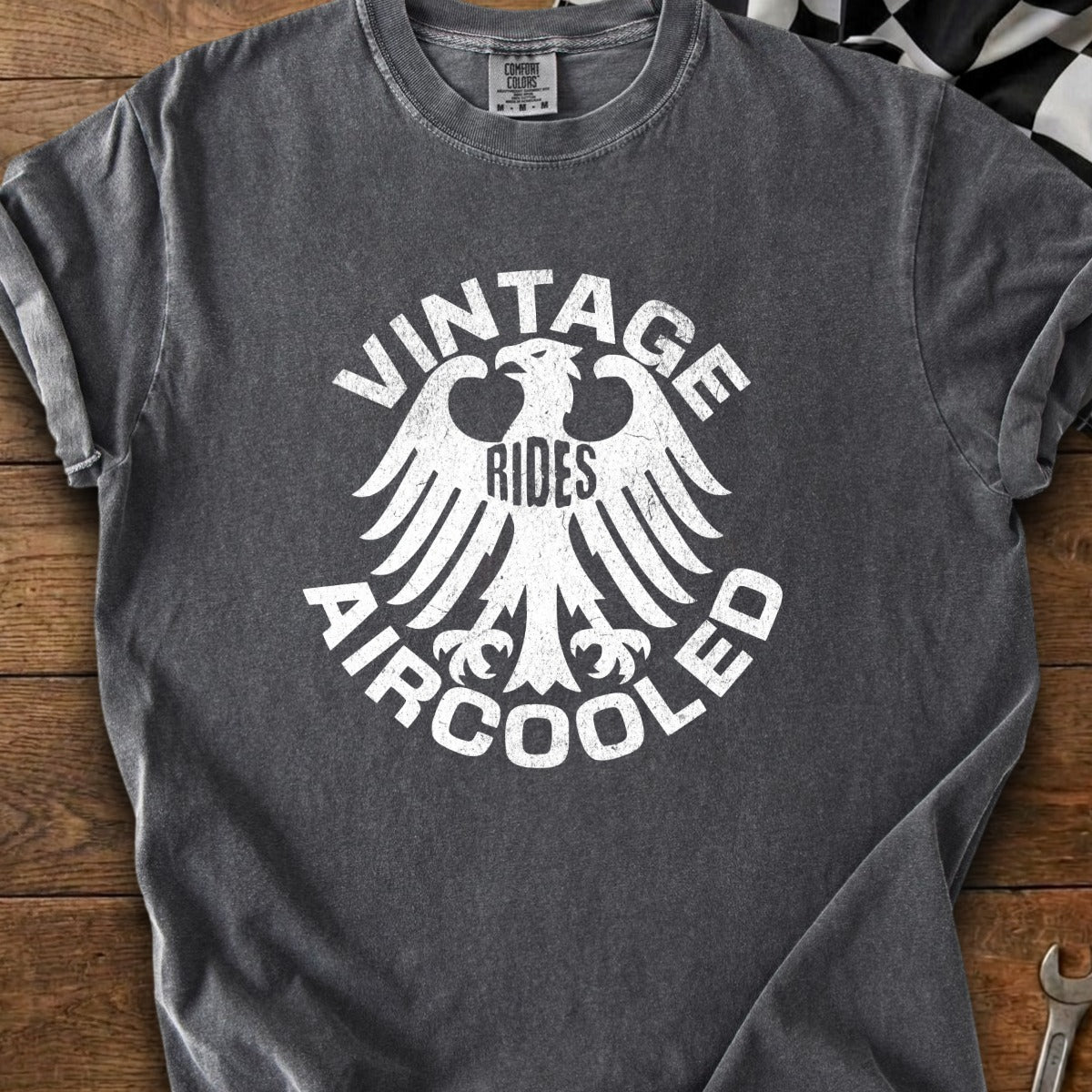 Charcoal t-shirt with white graphic of an eagle and text "VINTAGE RIDES AIRCOOLED".