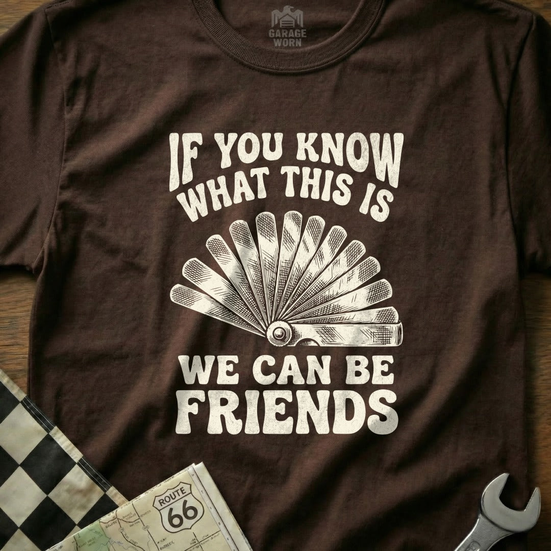 Brown t-shirt with "If you know what this is, we can be friends" and a spark plug gauge.