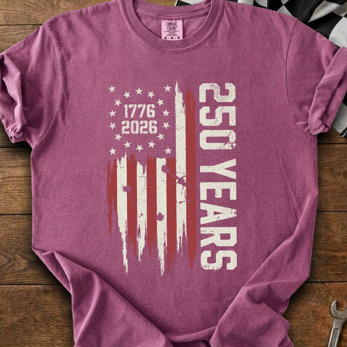 T-shirt with distressed American flag graphic, "1776 2026" and "250 YEARS".