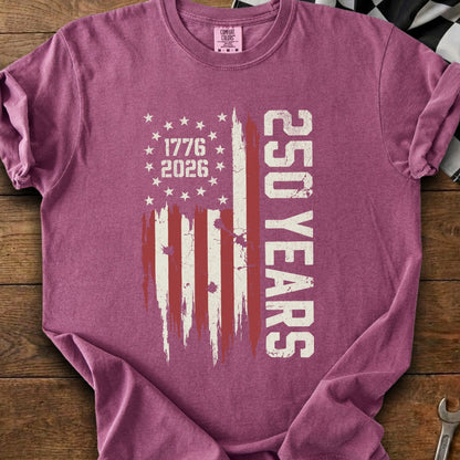 T-shirt with distressed American flag graphic, "1776 2026" and "250 YEARS".
