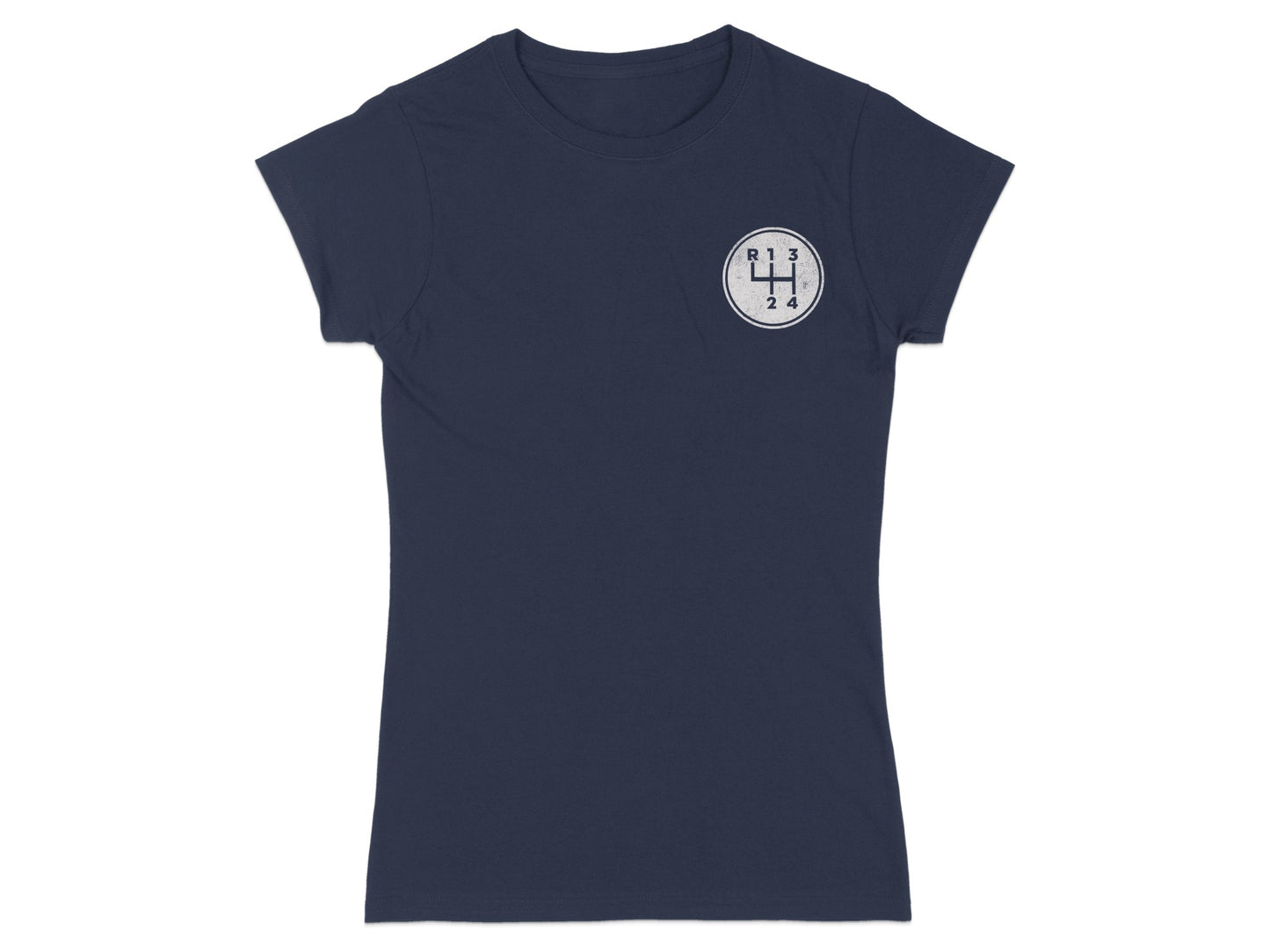Navy t-shirt with a white circle logo of a manual transmission shift pattern.