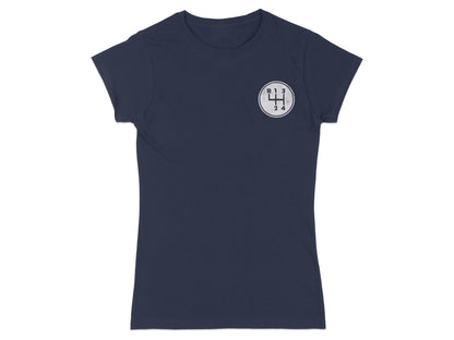 Navy t-shirt with a white circle logo of a manual transmission shift pattern.