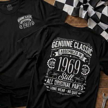 Black t-shirt with "1969 Genuine Classic Assembled in 1969" and racing graphics.