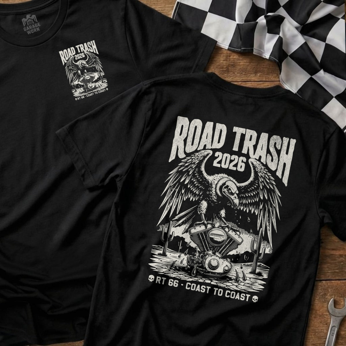 Black t-shirt with eagle and motorcycle graphic, "Road Trash 2026" text.