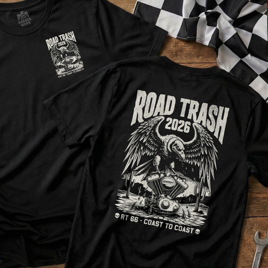 Black t-shirt with eagle and motorcycle graphic, "Road Trash 2026" text.