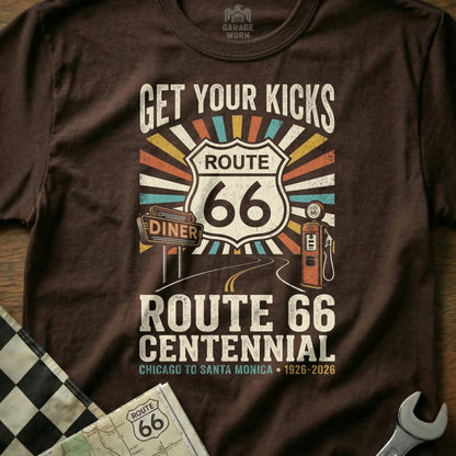 Route 66 Centennial t-shirt with vintage gas station and road graphics.