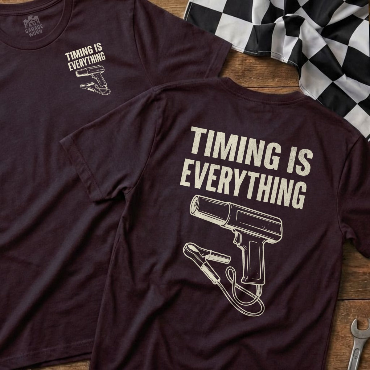 Burgundy t-shirt with "Timing Is Everything" and a timing gun graphic.
