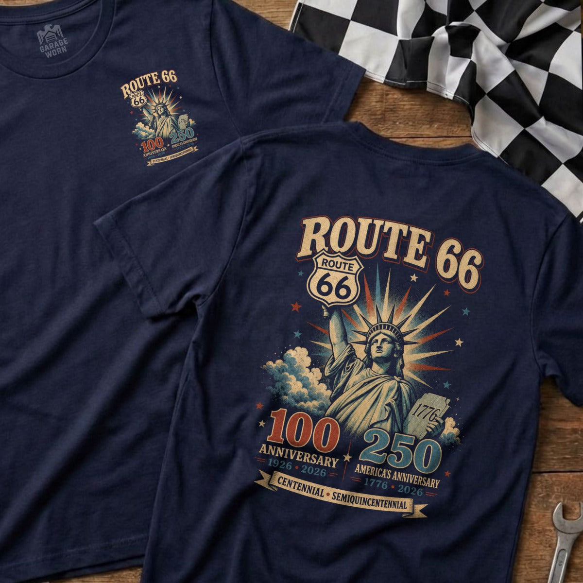 Dark navy t-shirt featuring Route 66 and Statue of Liberty graphic celebrating anniversaries.