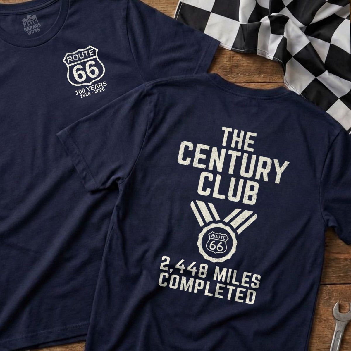 Navy t-shirts with Route 66 Route 66 100 Years and The Century Club 2448 Miles Completed designs.