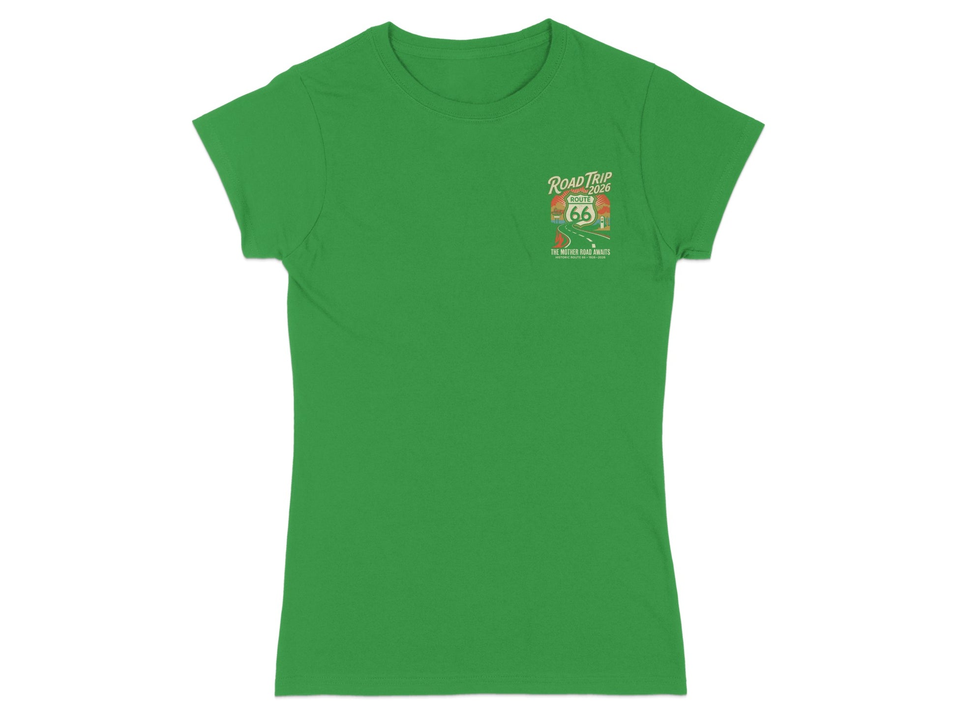 Green t-shirt with "Road Trip Route 66" graphic in upper left.