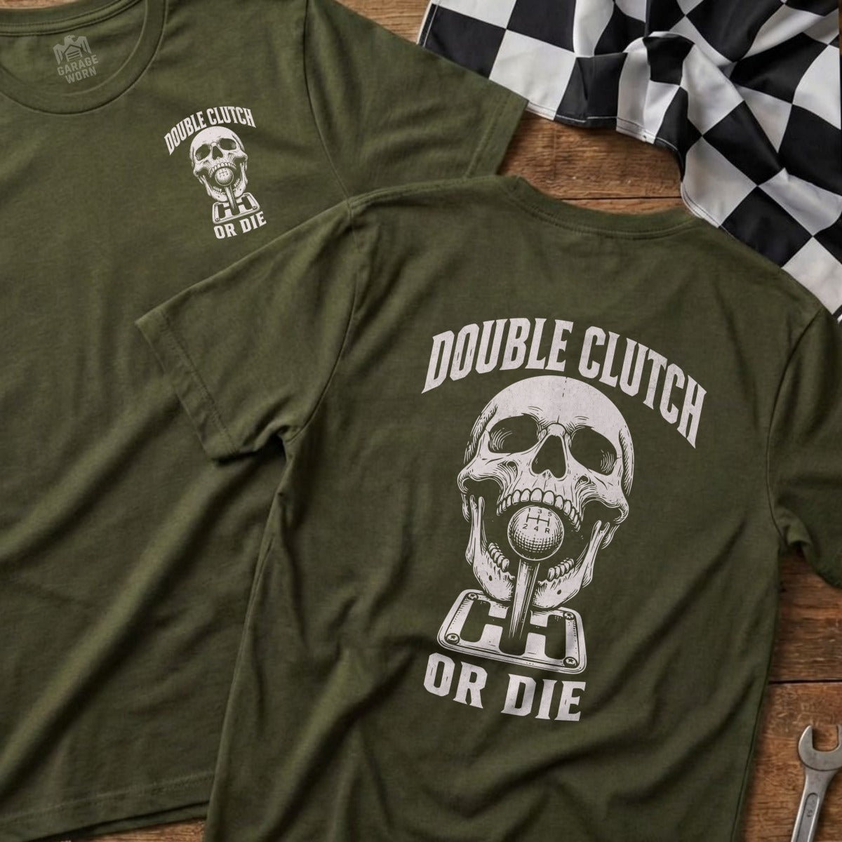 Green t-shirt with skull and gear shift graphic, "Double Clutch Or Die."